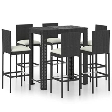 vidaXL Garden Bar Set 7 Piece with Cushions Outdoor Patio Terrace Backyard Furniture Dining Table and Chair Seating Poly Rattan Black