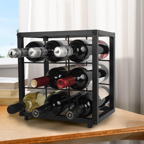 OFILLES Black 9 Bottles Metal Wine Racks, Tabletop Freestanding Wine Bottle Holder, Countertop Wine Rack for Wine Bottle Storage, Pantry, Kitchen