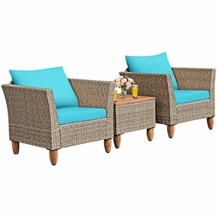 MIAOZI 3PCS Patio Rattan Bistro Furniture Set Wood Table Top Cushion Sofa Navy/Red/Black/Turquoise (Color : D)