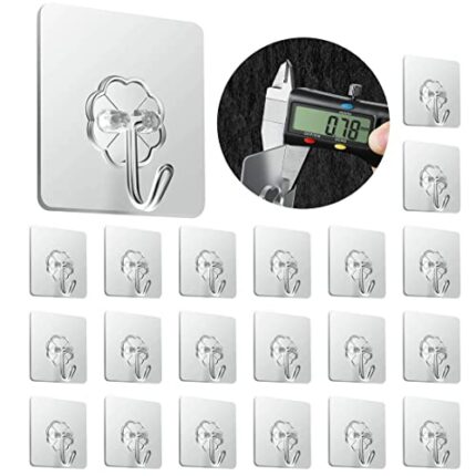Adhesive Hooks for Hanging, 20 Pieces Self Adhesive Hooks, Heavy Duty Wall Hooks Reusable Removable Waterproof 44 lb/ 20kg (Max), Bathroom Hooks,
