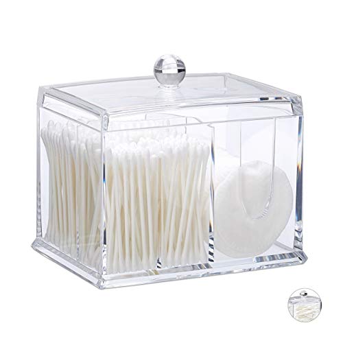 Relaxdays Cotton Swab Storage Box, Acrylic Lidded Organiser, Stick Bathroom Dispenser, Various Sizes, White/Brown