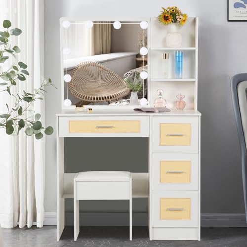 Caulitar Vanity Desk with Mirror and Lights, White Makeup Vanity Set with 4 Drawers and Chair, Girls Vanity Table for Bedroom