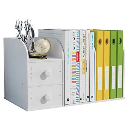 Hggzeg Desktop Bookshelf with Drawer, Small Countertop Bookcase Desk Organiser Office Supplies Storage Rack(White)