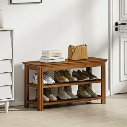 Bamworld Entryway Bench 3 Tier Bamboo Storage Benches Rustic Solid Wood Shoe Rack (R-Brown,31.3")