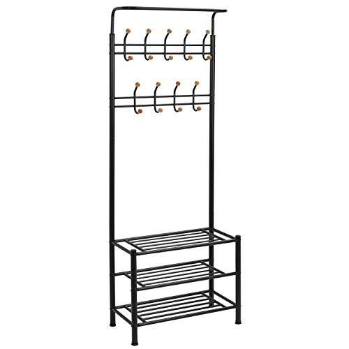 Meerveil Coat and Shoe Rack, Coat Stand, Rack with Shoe Storage, Clothes Rack with 18 Hooks Metal Frame, Entrance Furniture Shelf with Bench, Liv