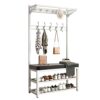 Coat rack with bench, free-standing coat rack with shoe rack 2 shelves, multifunctional metal frame clothes rack with 9 hooks, industrial design,