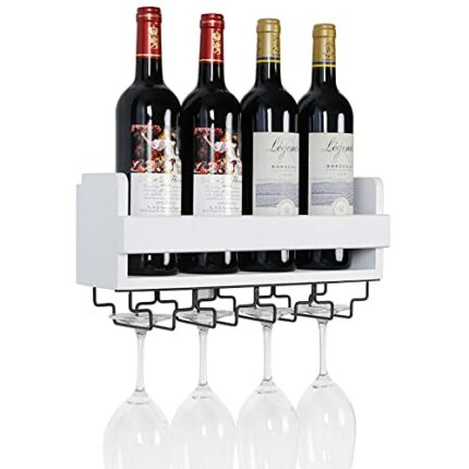 Satauko Wooden Wine Rack for 4 Long Stem Glass Storage, Wall Mounted Wine Bottle Holder for Living Room Display, Rustic Floating Wine Shelf Organ