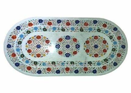 Gifts And Artefacts 30 x 60 Inches Oval White Marble Dining Table Top with Elegant Look Shiny Gemstones Inlay Work Lawn Table for Home Furniture