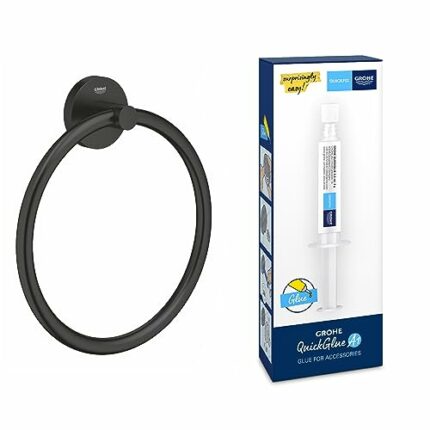 GROHE Start QuickFix Towel Ring & QuickGlue A1 (Metal, Concealed Fastening, Including Screws and Dowels, Extra Easy to Fit QuickGlue), Size 200 m