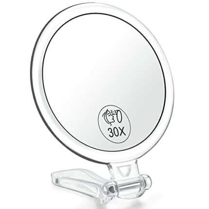 AMISCE 30x Magnifying Mirror, Travel Handheld Mirror - 2-Sided Hand Held Mirror with 1X 30X Magnification & Adjustable Handle/Stand, Portable Sma