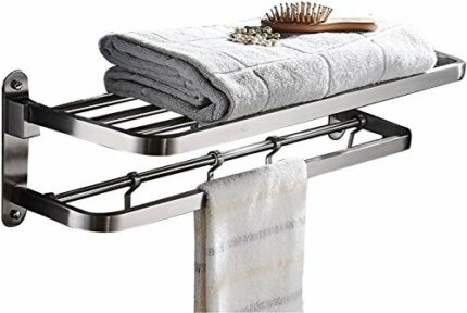 ELLO&ALLO Stainless Steel Towel Racks for Bathroom Shelf Double Towel Bar Holder with Hooks Wall Mounted Multifunctional Foldable Brushed Nickel