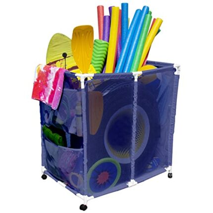 Pool Bins Outdoor Pool Floats, Balls, Toys and Equipment Rolling Mesh Organizer Storage Bin, Large (35" W x 25.4" L x 37.5" H), Blue/White