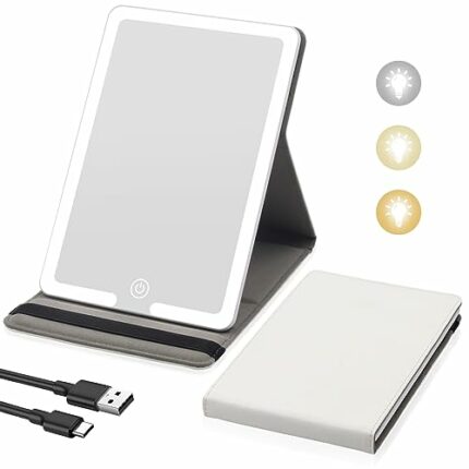 Travel Makeup Mirror with Lights, Lighted Travel Mirror with PU Leather Cover, 1500mAh Battery 3-Color Light Modes Dimming LED Light Up Vanity Co