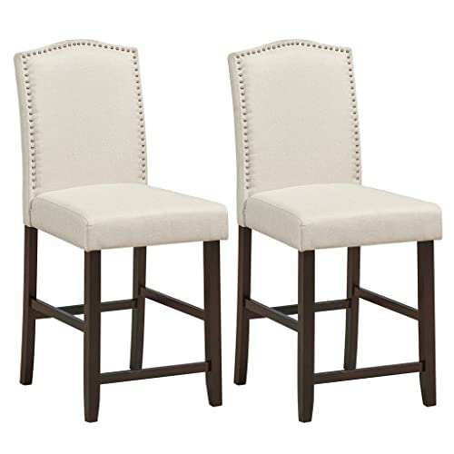 WALNUT Set Of 2 Fabric Barstools Nail Head Trim Counter Height Dining Side Chairs