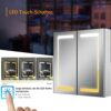 Quavikey® Bathroom Mirror Cabinet with Lights and Shaver Socket 2 Doors Grey Medicine Cabinet Wall Mounted with Shelf 3 Color Strip Lights and De
