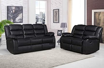 GSW - Sofa - Roma Leather Recliner Sofa With Cupholders - Black and Grey Color (3+2 Seater, 3 Seater, 2 Seater) (3+2 Seater, Black)
