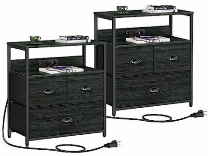Furnulem Nightstand Set of 2, End Table with Charging Station, Industrial Bedside Tables with USB Ports & Power Outlets, 3 Fabric Drawer Dresser