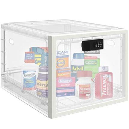 HOLYHY Lockable Medicine Box, Medicine Storage Box, Lockable Storage Bin Organiser Box for Fridge Food/Snacks/Phone/Tablet Jail/Home Safety (tran