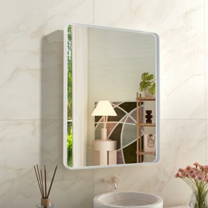 WEER White Bathroom Mirror 24X32 Inch, Rounded Rectangle White Metal Frame Mirror, Matte White Bathroom Vanity Mirror with Tempered Glass, Anti-R