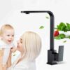 Yunnyp Kitchen Faucet Hot Cold Water Mixing Tap Single Handle 360 Degree Rotation Bar Kitchen Sink Faucet, Modern Style Matt Black Tap