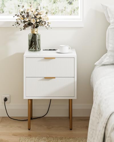 AEPOALUA Nightstand with Charging Station,Small Bedside Table with Two Drawers,End Table with Gold Frame,Night Stand,Bedside Furniture,2 Drawer D