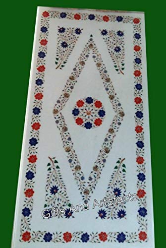 Gifts And Artefacts 30 x 60 Inches Semi Precious Gemstone Inlay Work Dining Table Top Rectangle Shape White Marble Kitchen Table for Home Furnitu