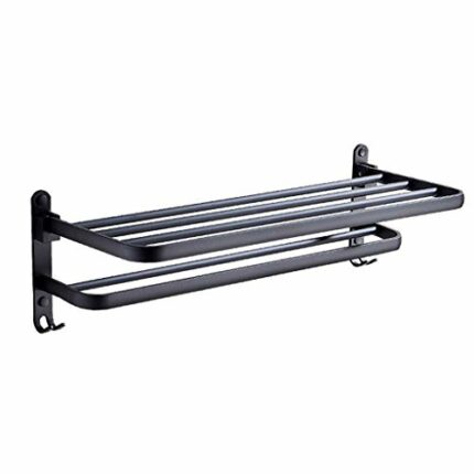 SMLJLQ Bathroom Towel Rack Matte Black Towel Holder Aluminum Wall Mounted Folding Towel Hanger Fashion Storage Shelf Hook Accessories