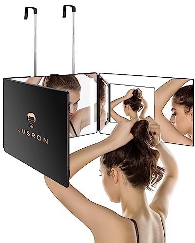 JUSRON 3 Way Mirror for Hair Cutting, 360° Mirror with Adjustable Hooks for Door, Portable Trifold Barber Mirror for Makeup, Cut, Trim and Shave