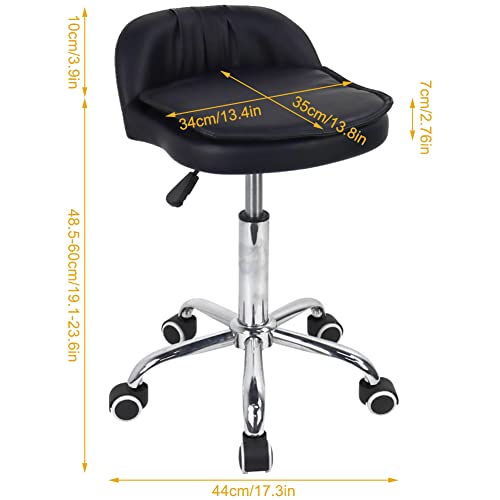 WKWKER PU Leather Rectangle Rolling Stool With Low Back Height Adjustable Swivel Drafting Work SPA Task Chair With Wheels (Black)