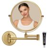 RECKODOR Led Vanity Mirror Wall Mounted Gold 8" Brass Rechargeable Lighted, 1X/5X Magnifying Double Sided Make up Mirror with Light, 360 Swivel E