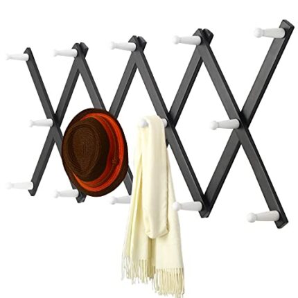 Dseap Accordian Wall Hanger: Wooden Coat Rack Wall Mounted, Hat Racks for Baseball Caps, Mug Rack, 14 Peg Hooks, Black & White