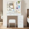 Dradaomull Makeup Vanity with LED Light in 3 Colors, Vanity Table with 4 Shelves and 5 Drawers, Dressing Table with Chair and Adjustable Brightne