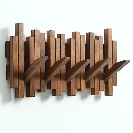 GOGREEBELL Natural Wood Wall Mounted Piano Coat Rack| Coat Rack Wall Mount| Flip Down Wall Hook Rack| Handmade Storage Rack 5 Hooks,Made of Black