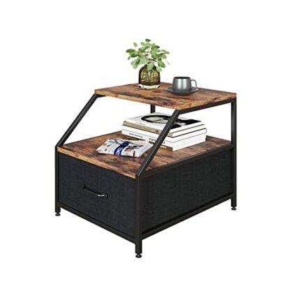 TREETALK Side Table, Industrial End Table with Oblique Angled Storage Shelf, Fabric Drawer and Adjustable Leg Pads,Nightstand Beside Table for Li