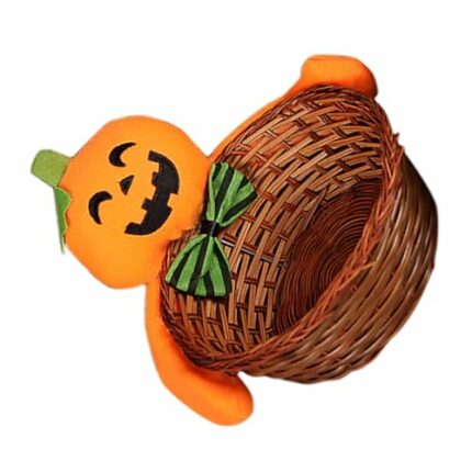 PRETYZOOM Halloween Pumpkin Basket, Bamboo Woven Candy Basket Trick or Treat Container Fruits Vegetable Holder Key Bowl Foods Serving Basket Bowl