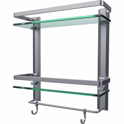 Vdomus Tempered Glass Bathroom Shelf with Towel Bar Wall Mounted Shower Storage, Brushed Silver Finish 15.2 X 5 X 16.1 inches 2 Tier Glass Shelf