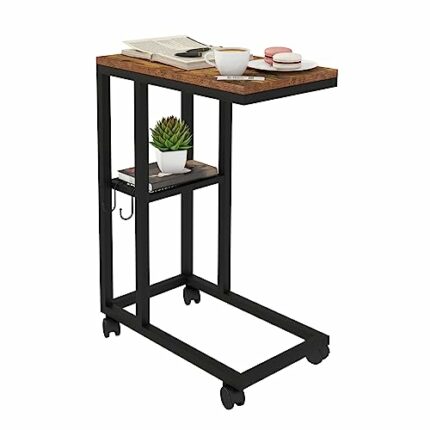 IYAMZ Side Table C Shaped, Small End Table with Wheels, Narrow Slim Sofa Side Table with Metal Mesh Shelf, Bed Small Side Table for Bedroom, Livi
