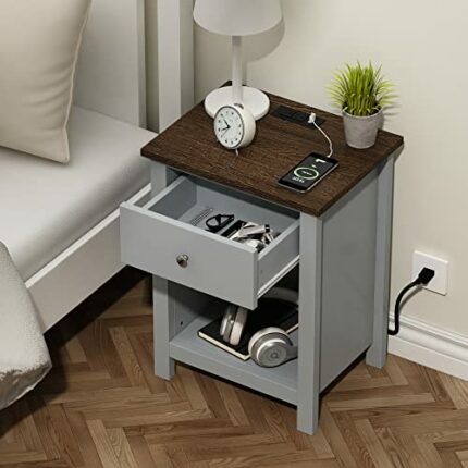 ChooChoo Nightstand with Charging Station, Wooden Top Bedside Table with Drawer and Storage Space for Bedroom, Grey
