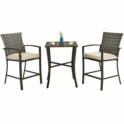 MIAOZI 3PCS Patio Rattan Bar Furniture Set Slat Table 2 Cushioned Stools Poolside Brown