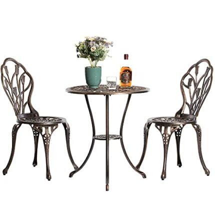 Gardenised Bronze Indoor and Outdoor Dinning Set 2 Chairs with 1 Table Bistro Patio Cast Aluminum