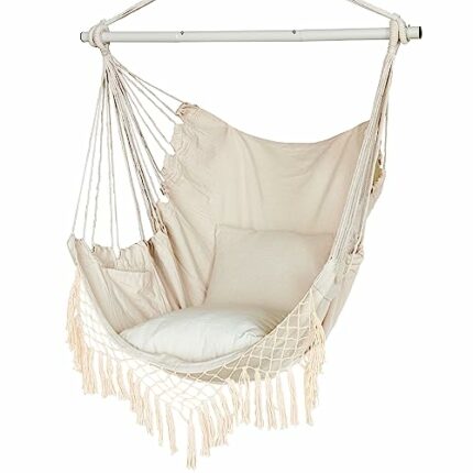 YAERSI Hammock Chair, Hanging Rope Swing Seat with 2 Cushions, Macrame Hanging Chair Side Pocket With High Load-Bearing Metal Rod, for Indoor, Ou