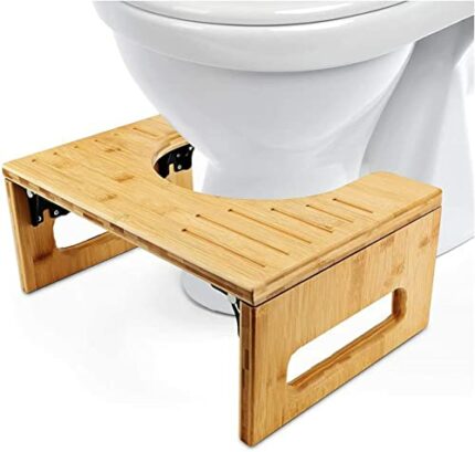 MYOYAY Bamboo Squatting Toilet Stool Collapsible Toilet Potty Stool with Non-Slip Mat Physiological Wooden Footrest 7 Inch Foldable Footrest Squa