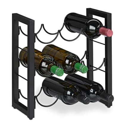 Relaxdays Metal Wine Rack, 9 Bottles, HxWxD: 37 x 35 x 17 cm, Free Standing Holder, Drinks Shelves, Kitchen & Bar, Black, 43.5 x 34.5 x 6 cm