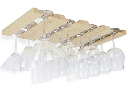 Hanging Under Cabinet Stemware Wine Glass Holder Rack , Adjustable Natural Wood , Pack of 2