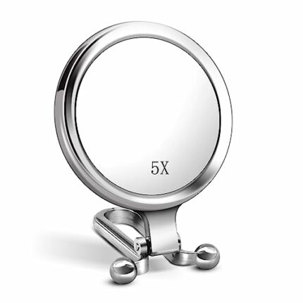 1X 5X Handheld Mirror with Handle for Travel， Magnifying Mirror, Magnification, Rotation Adjustable Handle, Double Sided Folding, Mirror for Wome