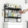 EKNITEY Flolding Over Toilet Storage - No Assembly Bathroom Organizer Shelf Above Toilet Storage Rack with Hooks and Paper Holder 2 Tier Black