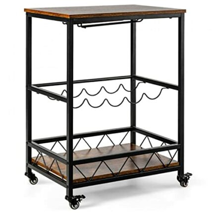 DINGZZ Classic Kitchen Bar Cart Serving Trolley Sturdy Steel Frame Wine Rack Glass Holder Portable 4 Universal Casters