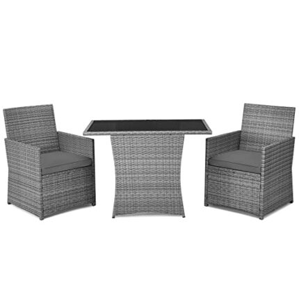 MIAOZI 3PCS Patio Rattan Furniture Set Cushioned Sofa Armrest Garden Gray Coffee Table Chairs