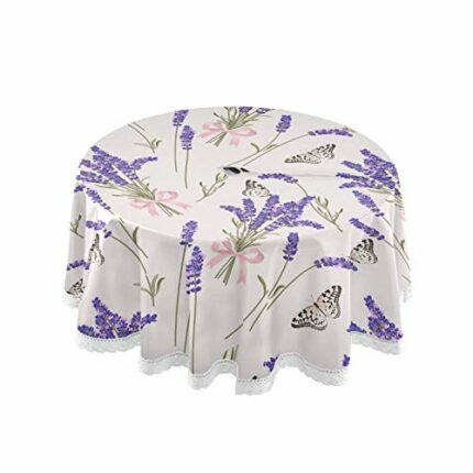 xigua Beautiful Purple Lavender Umbrella Hole Tablecloth for Outdoor, Waterproof Spillproof Round Tablecloth with Zipper, Spring & Summer Table C