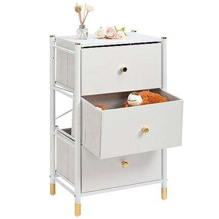 SKYMOVE Chest of Drawers Bedside Table Nightstand, Fabric Storage Drawers with Metal Frame & Wooden Top 3 Drawer Storage Organizer for Bedroom Li